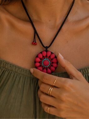 Handmade Red Flower Statement Necklace